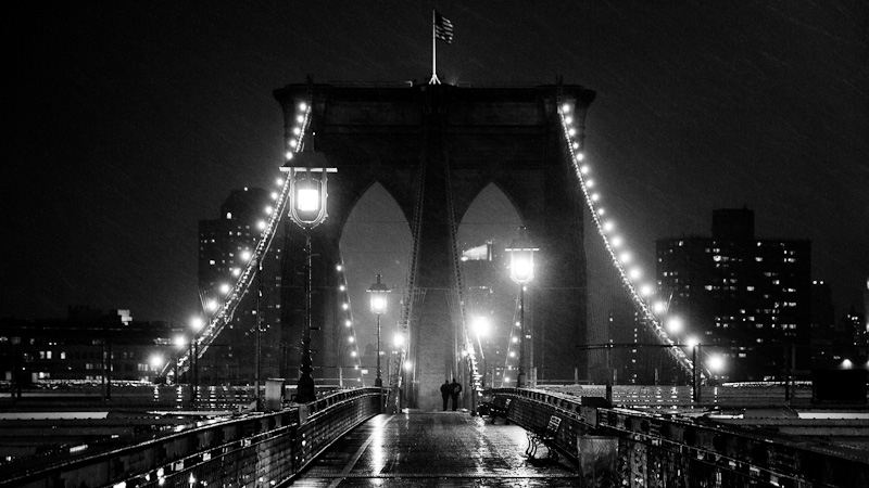 First snows on Brooklyn Bridge.